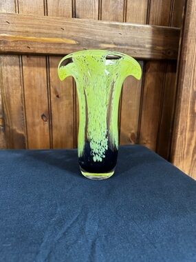 Vintage Teleflora Art Glass Handblown Vase in Lime Green and Dark Purple 8”